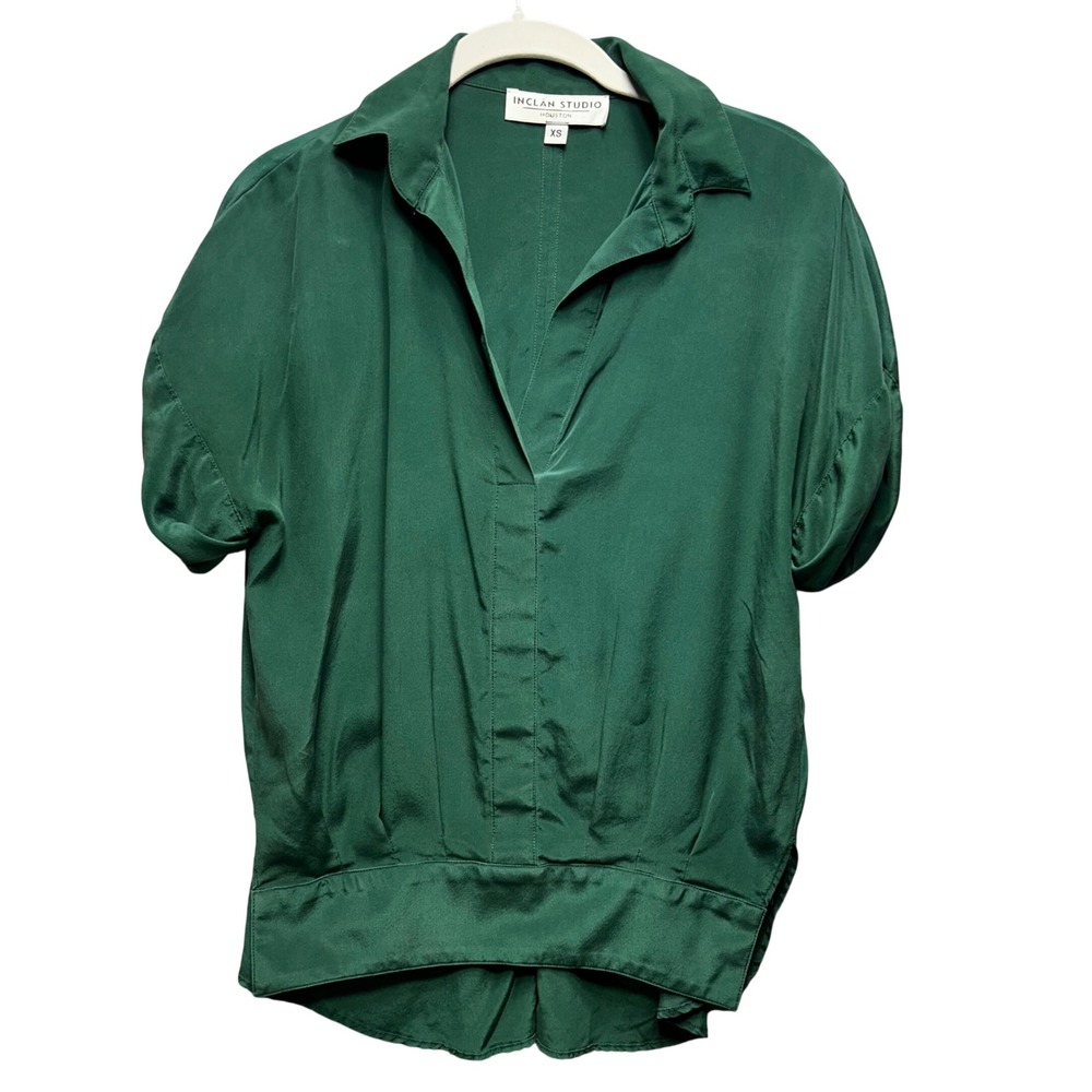 Inclan Studio Blouse V-Neck Womens XS Green Silk Minimalist Contemporary